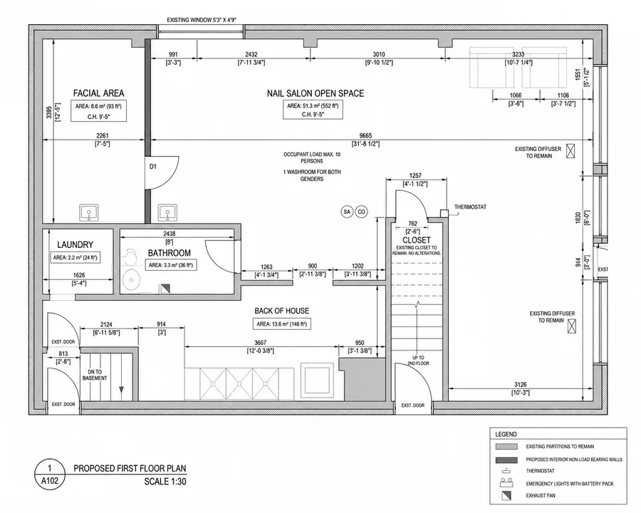 Proposed first floor plan for a nail salon change of occupancy in Hamilton, Ontario