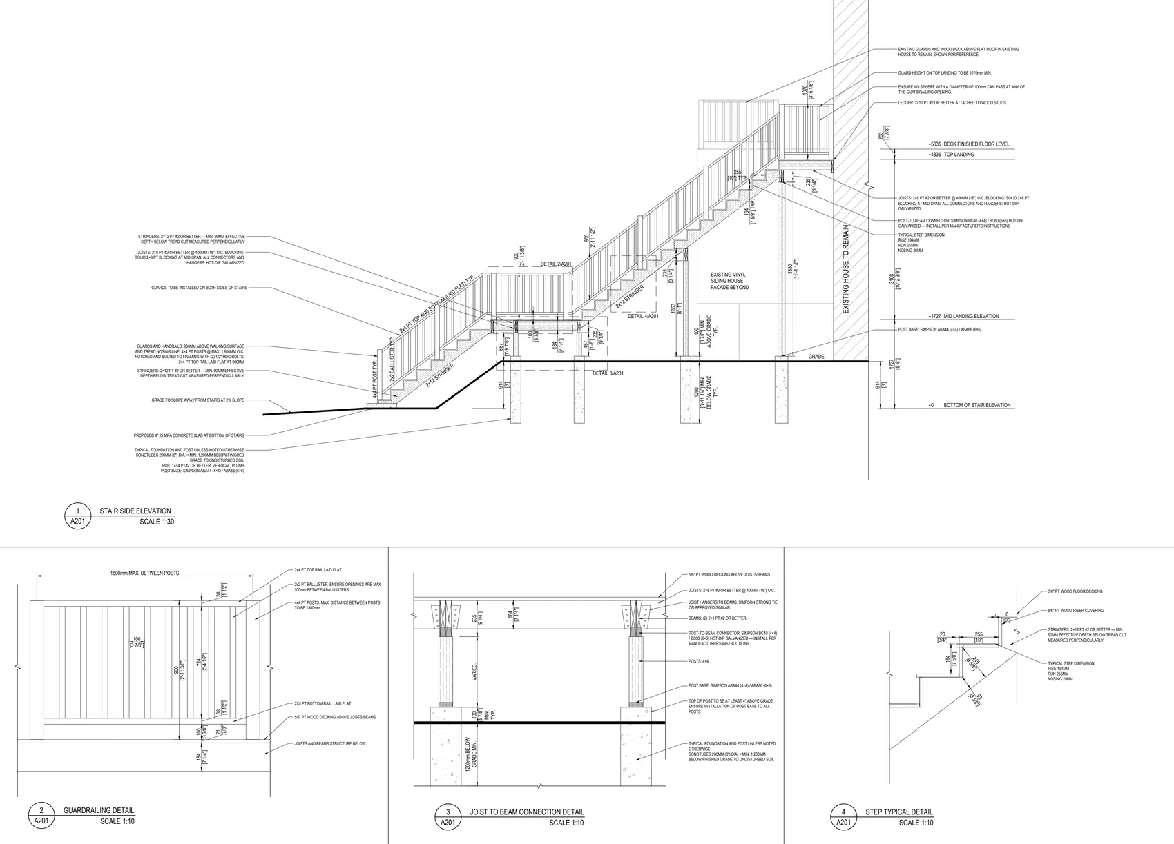 Section and framing elevation of a wood staircase in London, Ontario