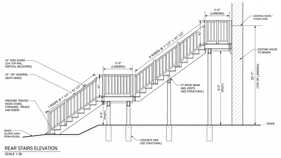 Rear stairs elevation showing landings, guards and concrete piers