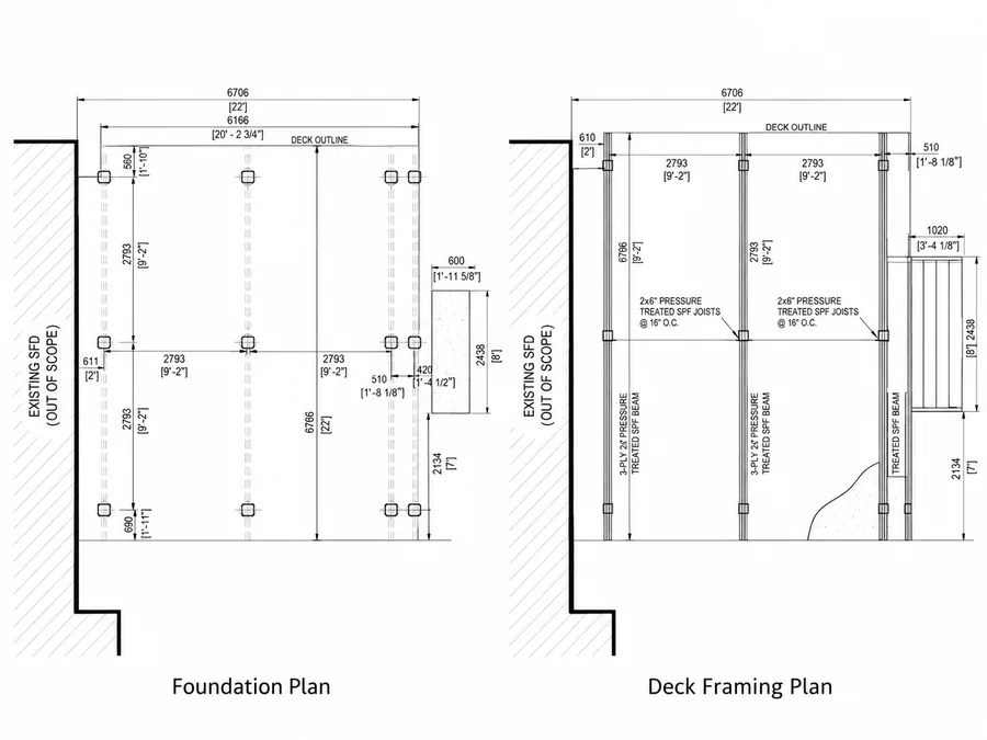 Foundation plan and deck framing plan for a rear wood deck in Milton, Ontario