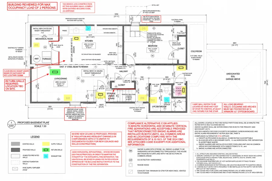 Proposed basement plan for a legal second unit in Mississauga, Ontario
