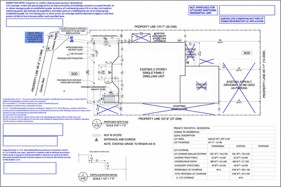 Proposed site plan with zoning review notes for a rear porch and basement walkout