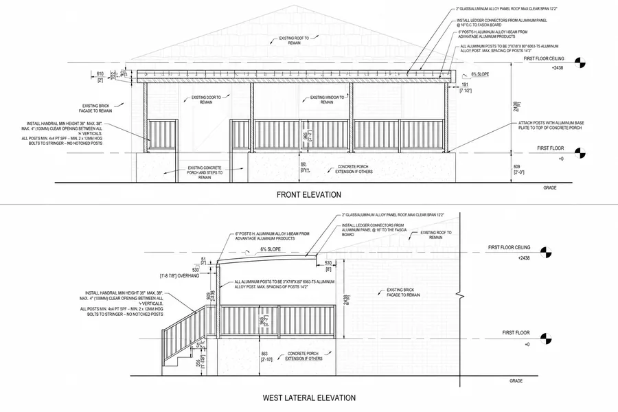 Front and west lateral elevations of an aluminum pergola over a concrete porch