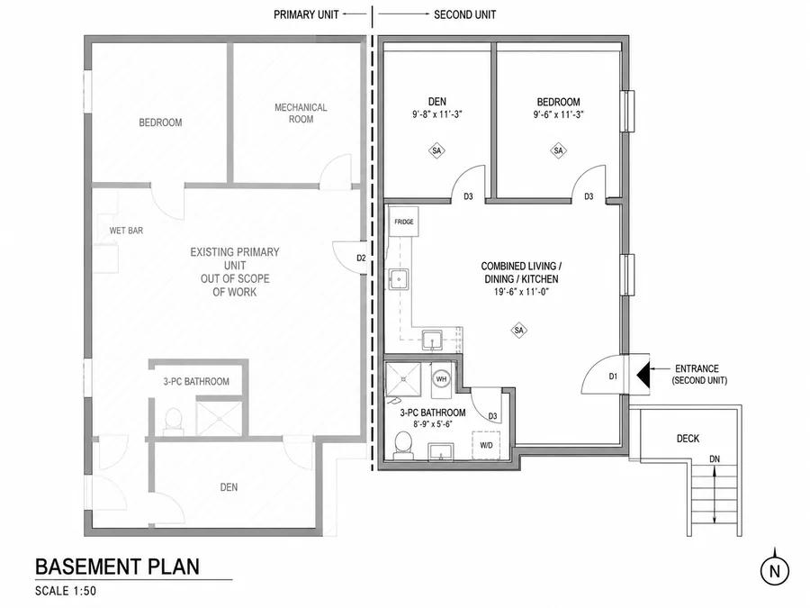 Basement plan showing the primary unit and the new second dwelling unit