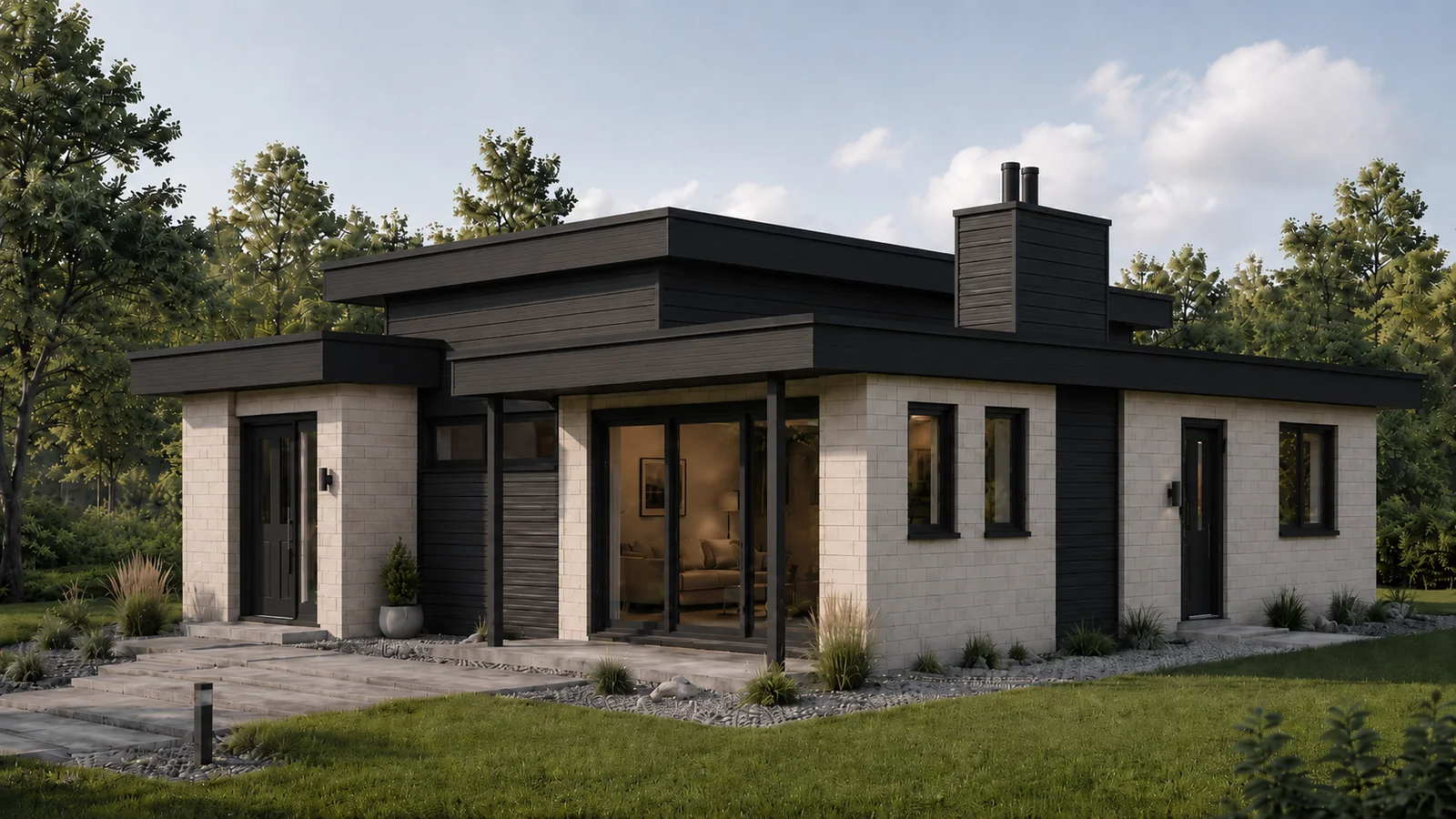 Modern single-storey custom home with white brick and dark cladding, designed by MS Permit Designs in Tweed, Ontario